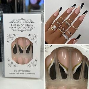 Foccna Glossy Coffin Extra Long Press On Nails Gold/White/Black